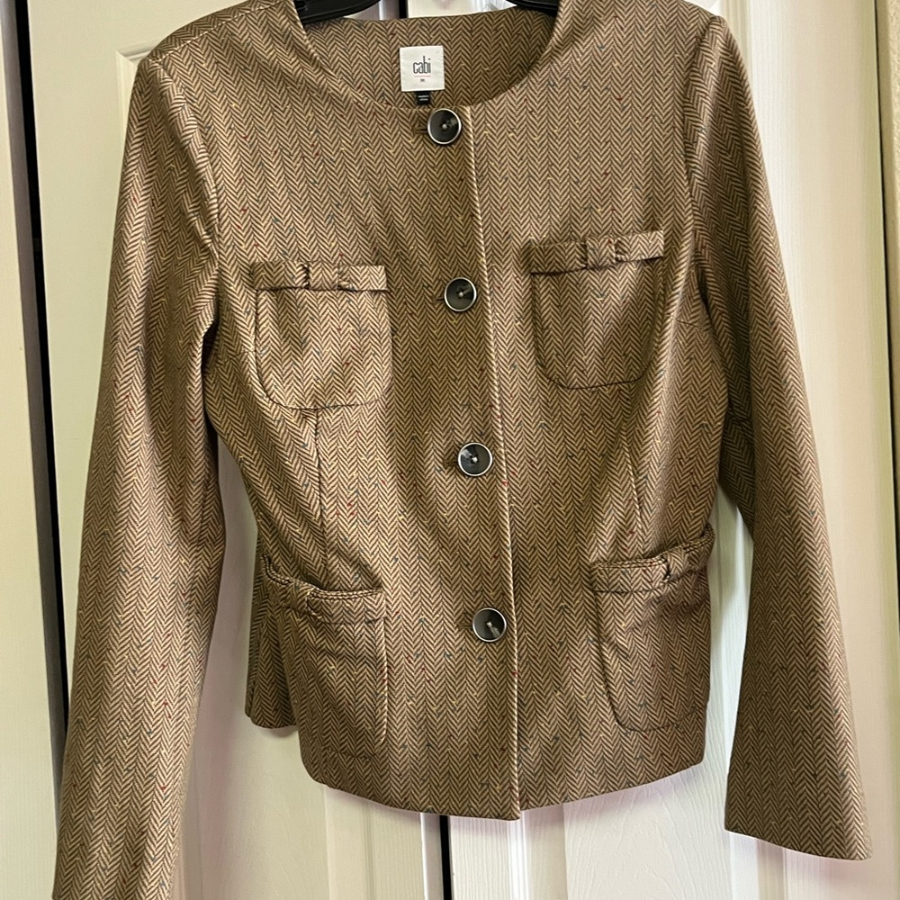 CAbi Tan Herringbone Blazer with Button Detail